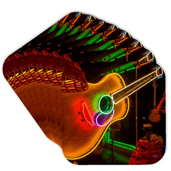 3drose, Usa, Texas, Austin. Neon Guitar at Blackmail Shop, South Congress Ave., Set of 8 Coasters - Soft