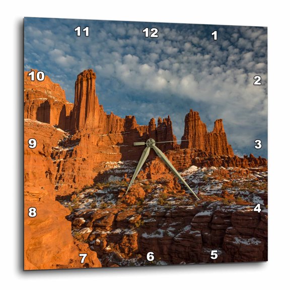 3drose, Usa, Utah. Fisher Towers with Snow and Clouds, Near Castle Valley, 15x15 Wall Clock