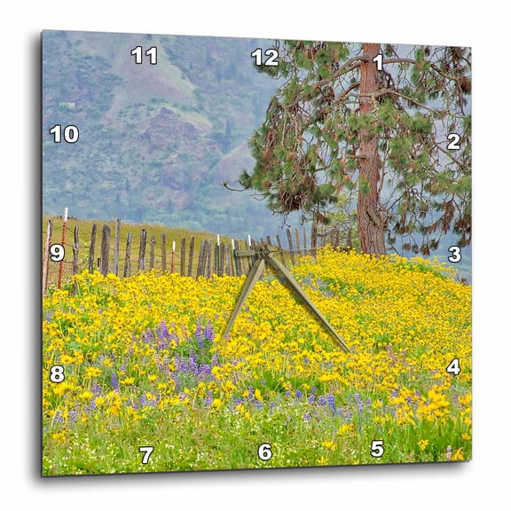3drose, Usa, Washington State. Fir Tree and Fence Line with Wildflowers, 15x15 Wall Clock