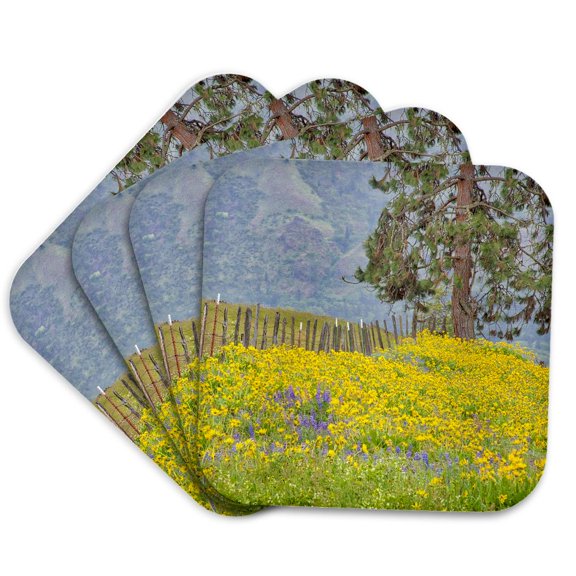 3drose, Usa, Washington State. Fir Tree and Fence Line with Wildflowers, Set of 4 Coasters - Soft