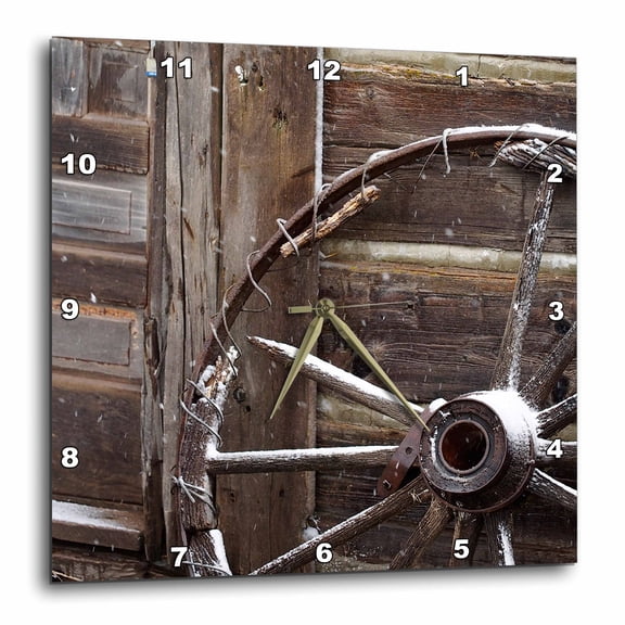 3drose, Usa, Wyoming, Cody, Old Wagon Wheel in Western Town, 13x13 Wall Clock