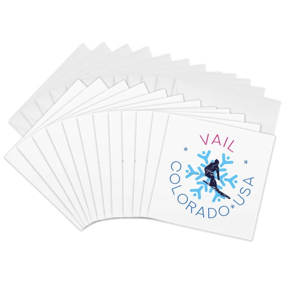 3drose, Vail, Colorado - Man Skier, Blue Snowflake. Winter Holidays Gift, 12 Greeting Cards with Envelopes