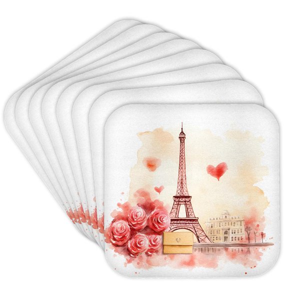 3drose, Valentine Eiffel Tower with Flowers Illustration, Set of 8 Coasters - Cork