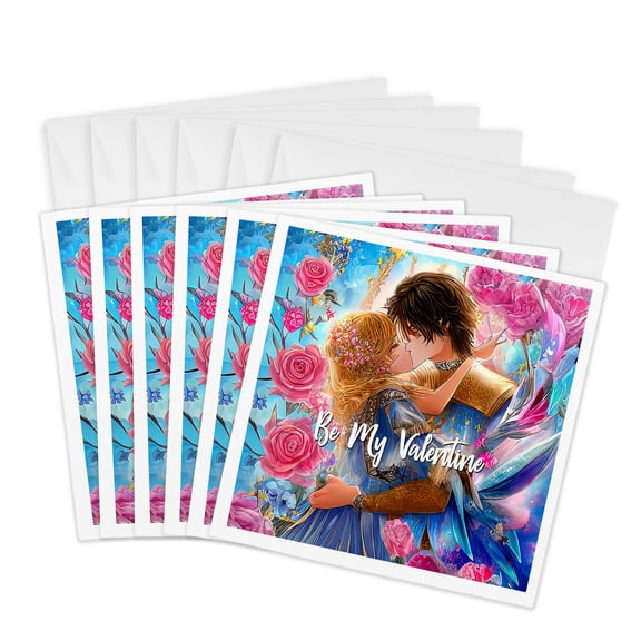 3drose, Valentines Day. Be My Valentine. Prince, Princess. Blue, Pink, Gold, 6 Greeting Cards with Envelopes