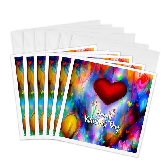 3drose, Valentines Day. Happy Valentines Day. Red Heart. Colorful Card, Gift, 6 Greeting Cards with Envelopes