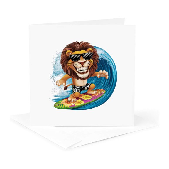 3drose, Valiant Lion Wave Surfer. Funny, Stunning Summer Art Gift for Anyone, 1 Greeting Card with Envelope