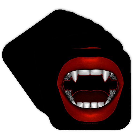 3drose, Vampire Mouth Goth Fangs Design on Dark Background, Set of 8 Coasters - Soft