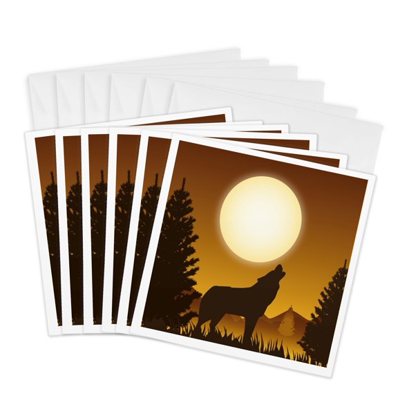 3drose, Vector of a Wolf Howling a Yellow Moon, 6 Greeting Cards with Envelopes