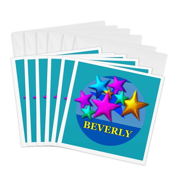3drose, Vibrant Colored Stars on a Blue Background Personalized with the Name Beverly, 6 Greeting Cards with Envelopes