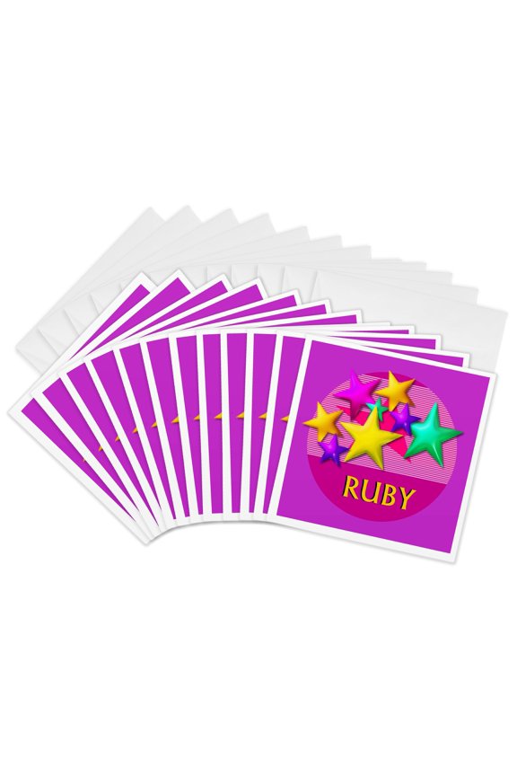 , Vibrant Colored Stars on a Pink Background with the Name Ruby, 12 Greeting Cards with Envelopes
