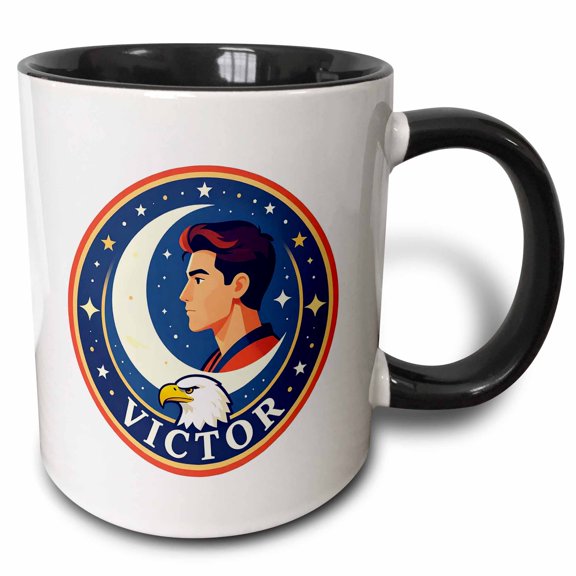 3drose, Victor Male Name, Moon, Man, Bald Eagle Head. Artsy Gift for a Man, 11oz Two-tone Black Mug