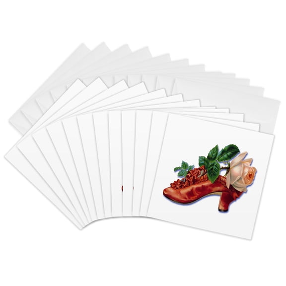 3drose, Victorian Ladies Red Show with Ruffles and a Light Pink Rose, 12 Greeting Cards with Envelopes