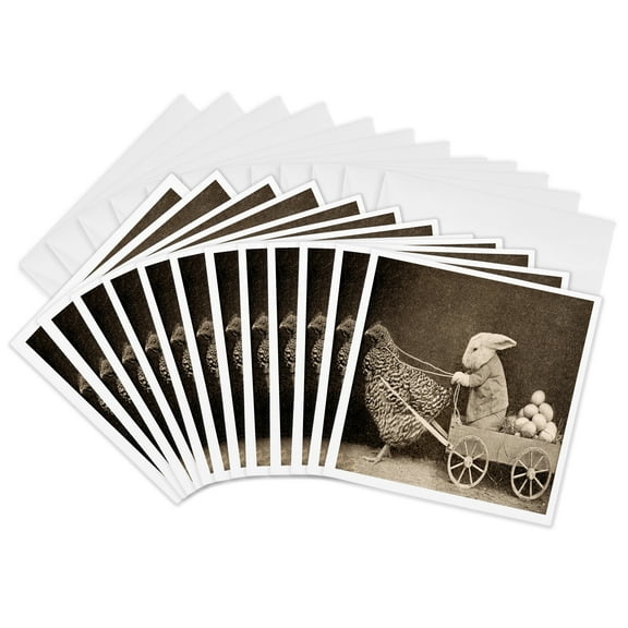 3drose, Victorian Photo Rooster Pulling Bunny, 12 Greeting Cards with Envelopes