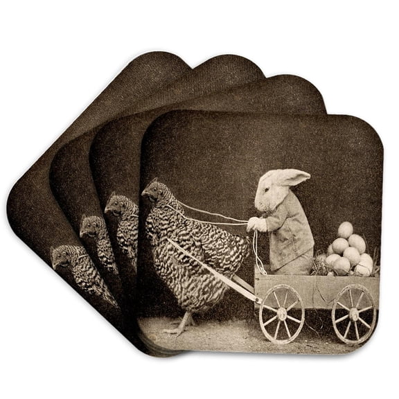 3drose, Victorian Photo Rooster Pulling Bunny, Set of 4 Coasters - Soft