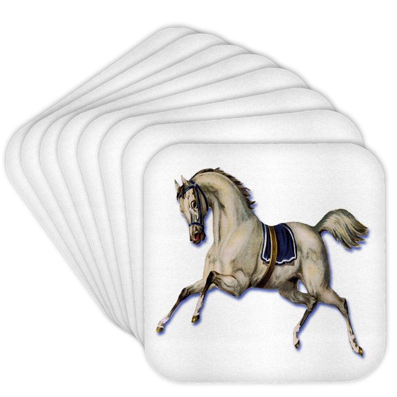3drose, Victorian White Horse Galloping Wearing a Blue Blanket Saddle, Set of 8 Coasters - Soft