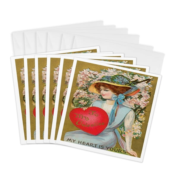 3drose, Victorian Woman with Flowers to My Valentine My Heart Is Yours, 6 Greeting Cards with Envelopes
