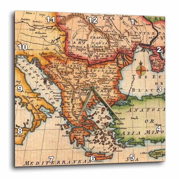 3drose, Vintage Political Map of Greece, Turkey, South European Region, 15x15 Wall Clock