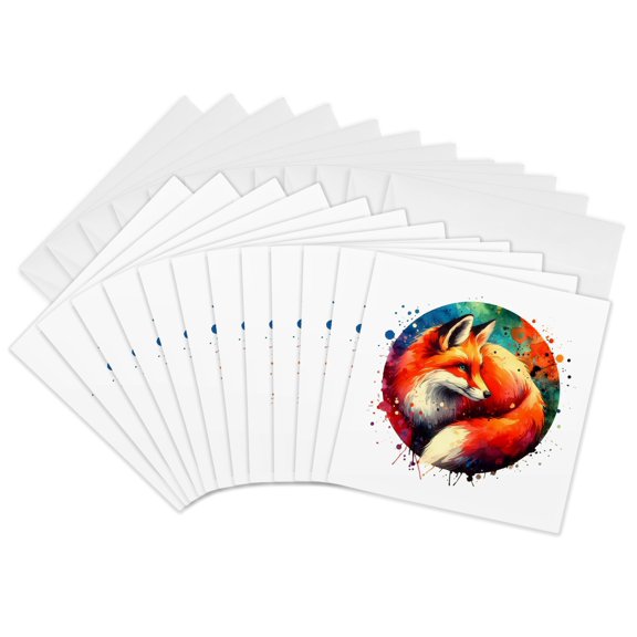 3drose, Watercolor Illustration of a Red Fox with White Tipped Tail, 12 Greeting Cards with Envelopes