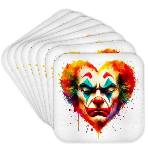 3drose, Watercolor Portrait Illustration of a Sombre Clown, Set of 8 Coasters - Cork