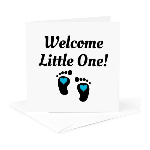 3drose, Welcome Little One with Baby Feet Icon for Baby Boy with Blue Heart, 1 Greeting Card with Envelope