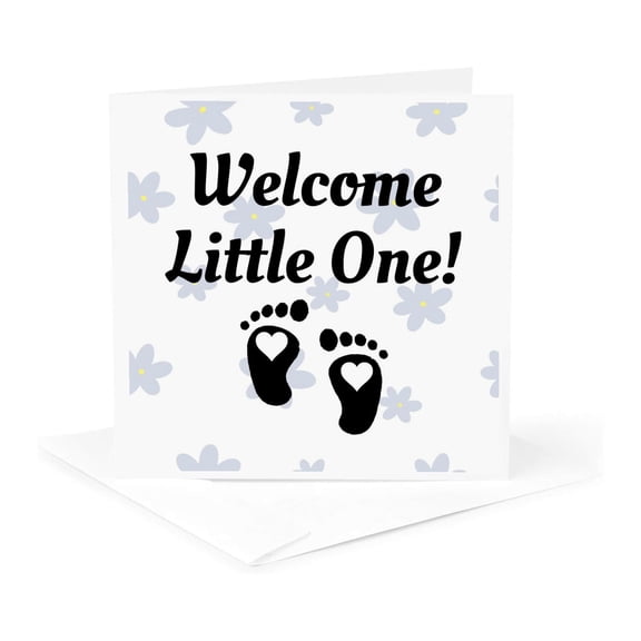 3drose, Welcome Little One with Baby Feet Icon in Flower Background, 1 Greeting Card with Envelope