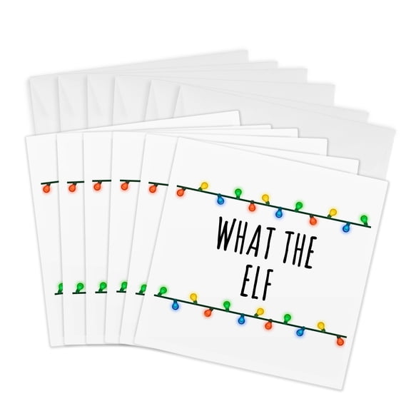 3drose, What the Elf with Colored Christmas Lights. Black Letters on White., 6 Greeting Cards with Envelopes