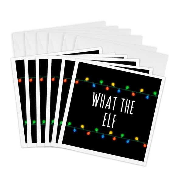 3drose, What the Elf with Colored Christmas Lights. White Letters on Black., 6 Greeting Cards with Envelopes