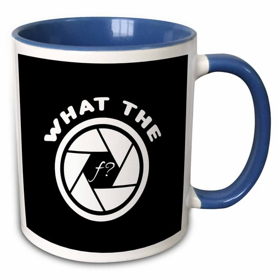 3drose, What the F. White Lettering and Aperture Clipart on Black Background., 11oz Two-tone Blue Mug
