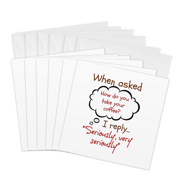 3drose, When Asked About Coffee, Red and Brown Lettering on White Background, 6 Greeting Cards with Envelopes