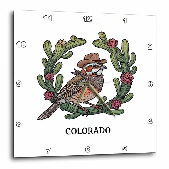 3drose, Whimsical Colorado Lark Bunting Bird Surrounded by Claret Cup Cactus, 10x10 Wall Clock