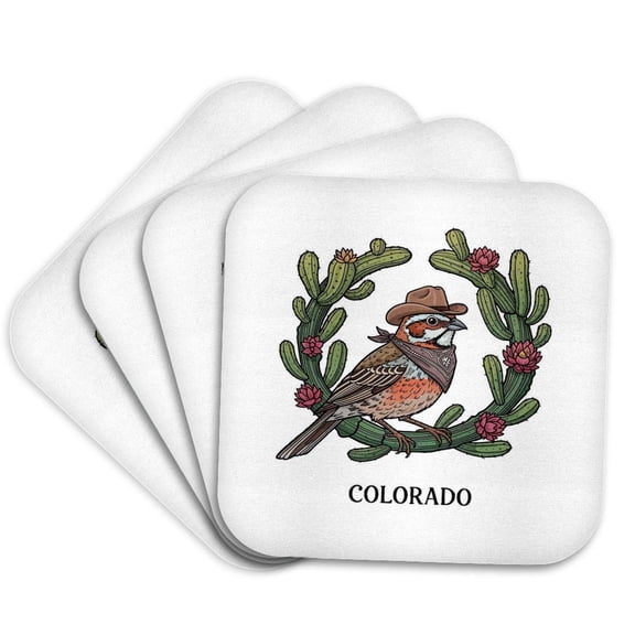 3drose, Whimsical Colorado Lark Bunting Bird Surrounded by Claret Cup Cactus, Set of 4 Coasters - Soft