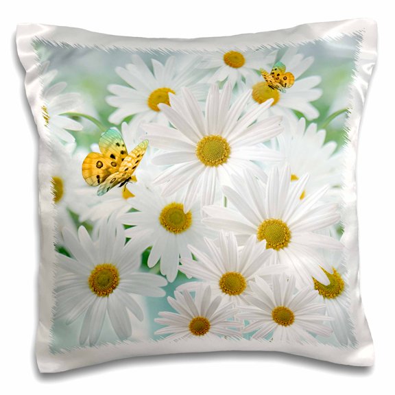 3drose, White Daisies Aprils Birth Flower with Butterflies Perfect for the April Birthday, 16x16 inch Pillow Case
