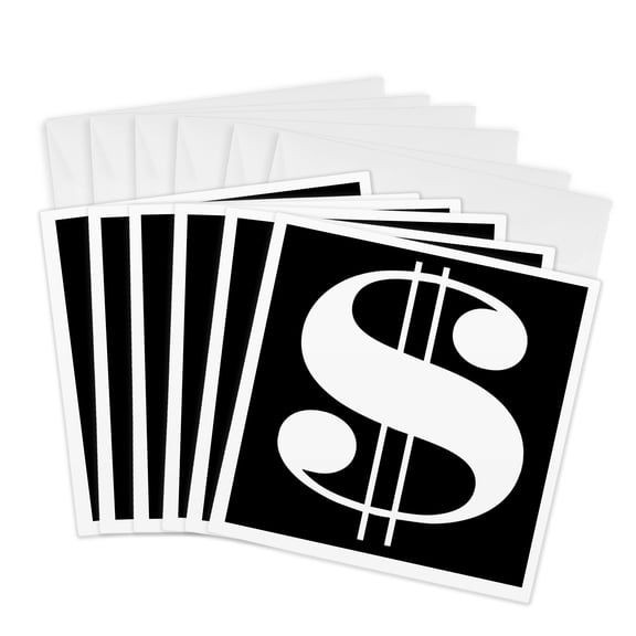 3drose, White Dollar Sign Against a Black Background, 6 Greeting Cards with Envelopes