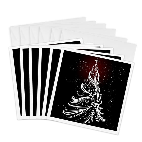 3drose, White Elegant Christmas Tree on a Black Background with Red Highlights, 6 Greeting Cards with Envelopes