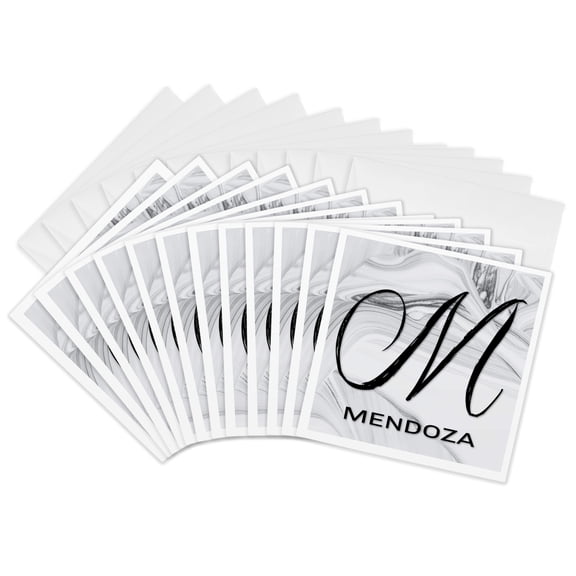 3drose, White Marble Monogram M - Mendoza, 12 Greeting Cards with Envelopes