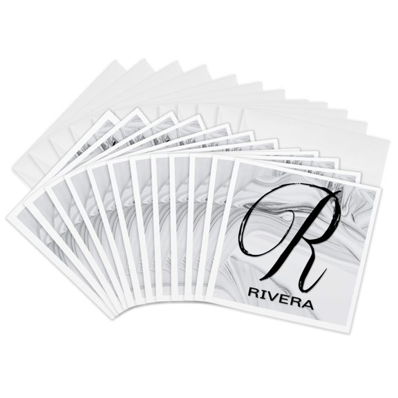 3drose, White Marble Monogram R - Rivera, 12 Greeting Cards with Envelopes