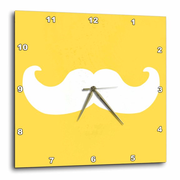 3drose, White Mustache on Mustard Yellow - Ironic Hipster Moustache - Humorous - Fun - Whimsical - Funny, 15x15 Wall Clock