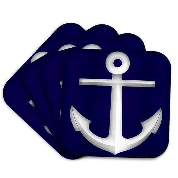 3drose, White Nautical Sailing Anchor on a Blue Background Graphic, Set of 4 Coasters - Soft