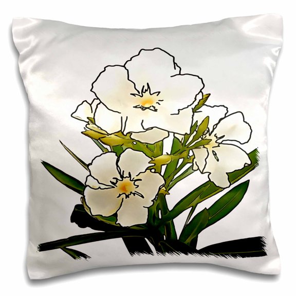3drose, White Oleander Black Outline Art on White, 16x16 inch Pillow Case