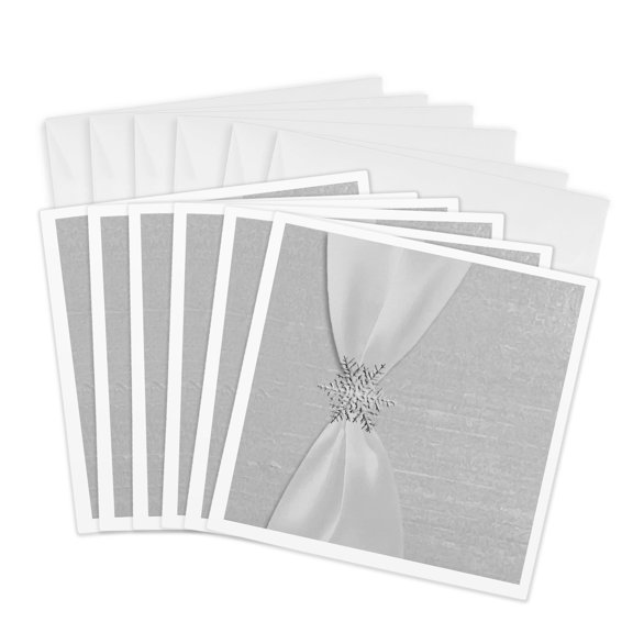 3drose, White Satin Ribbon with Snowflake, 6 Greeting Cards with Envelopes