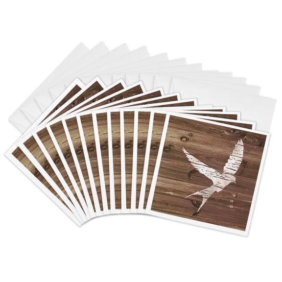 3drose, White Swallow Painting on Brown Weatherboard- Not Real Wood, 12 Greeting Cards with Envelopes