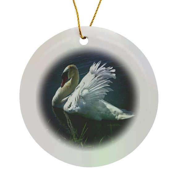 3drose, White Swan Sitting in the Water and Stretching Its Wings, Circle Porcelain Ornament