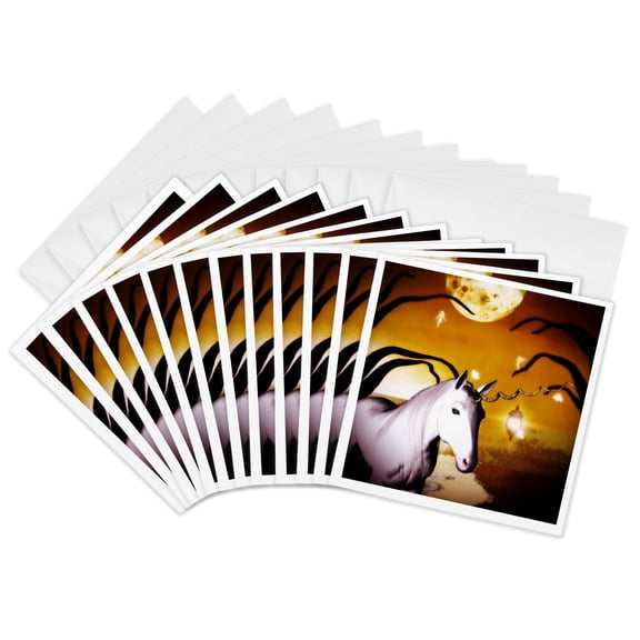 3drose, White Unicorn in Front of Full Moon with Fairies, 12 Greeting Cards with Envelopes