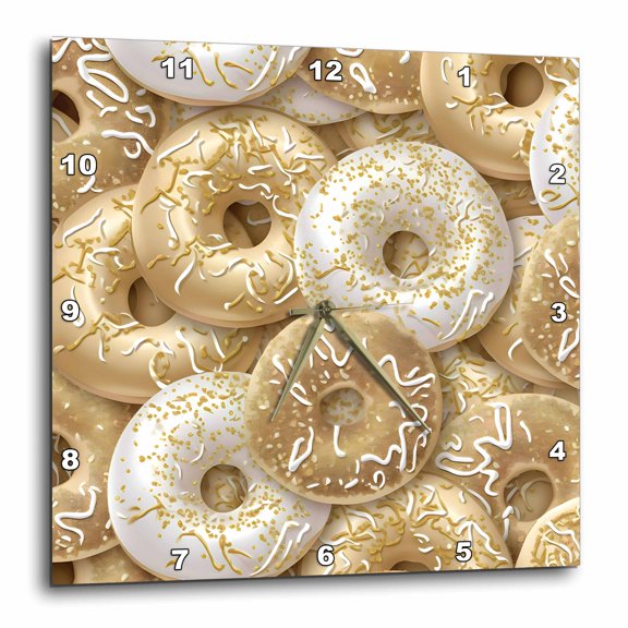 3drose, White and Image of Gold Frosted Donut Background, 10x10 Wall Clock