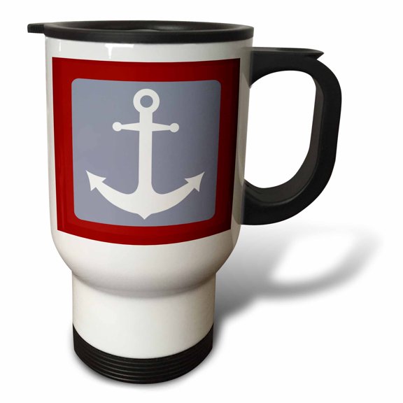 3drose, White and Red Nautical Anchor Design, 14oz Stainless Steel Travel Mug