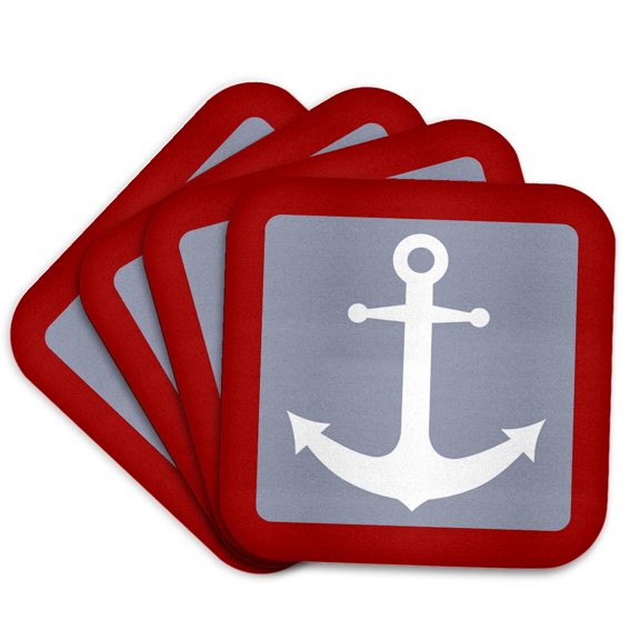 3drose, White and Red Nautical Anchor Design, Set of 4 Coasters - Soft