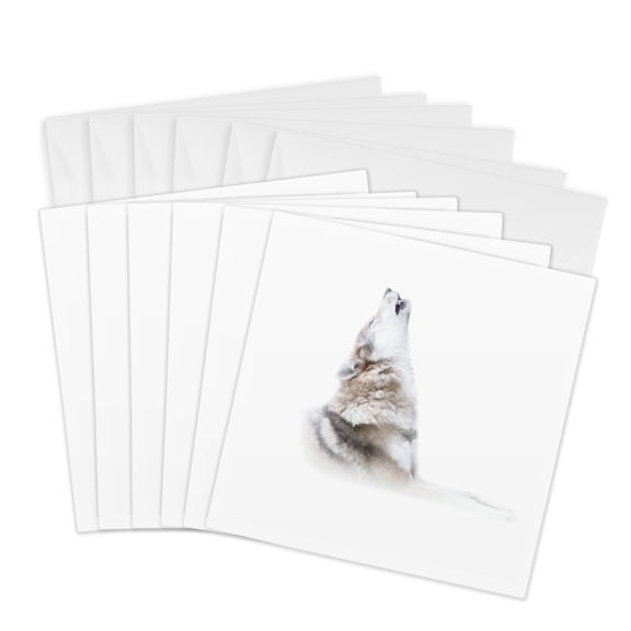 3drose, Wild Grey Wolf Howls. White Background. Cold Winter. Animal Portrait, 6 Greeting Cards with Envelopes