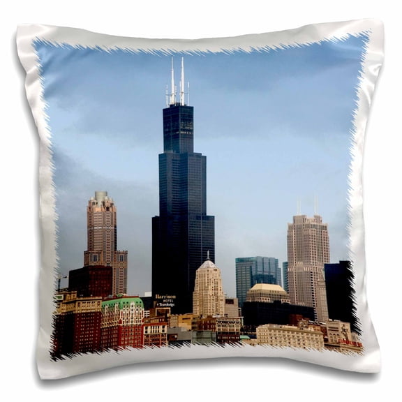 3drose, Willis and Sears Tower, Chicago River, Il - Us14 Dfr0095 - David R. Frazier, 16x16 inch Pillow Case