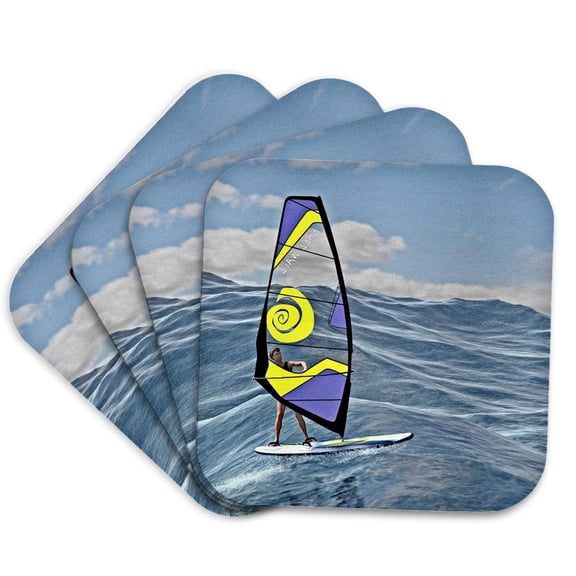 3drose, Windsurfer Surfing on Waves to His Left, Set of 4 Coasters - Soft