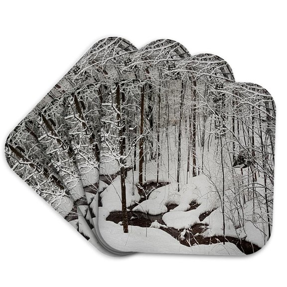 3drose, Winter Scenic Snow Stream, Set of 4 Coasters - Soft
